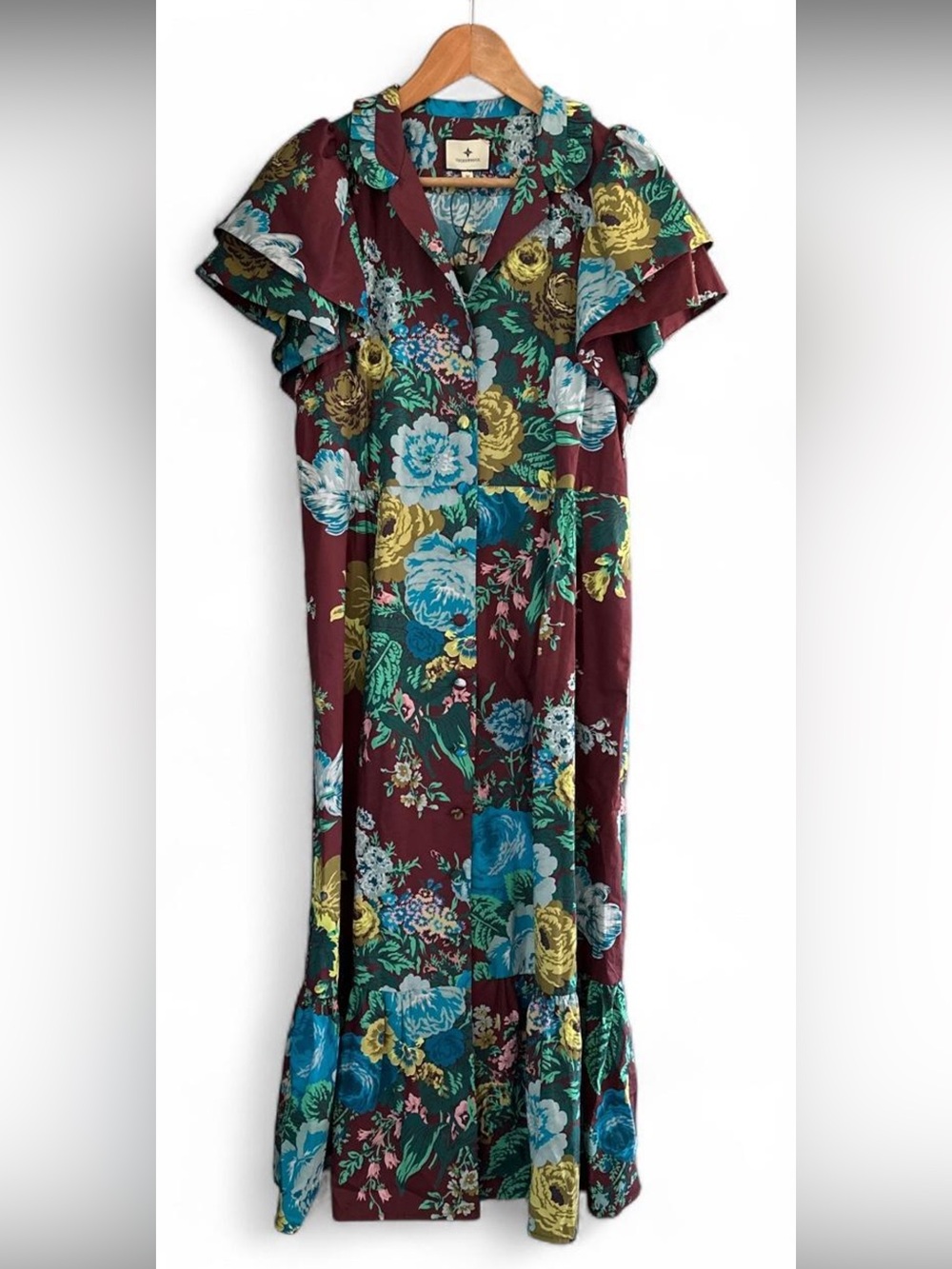 Tuckernuck Burgundy Floral Maxi Dress with Blue & Yellow Blooms